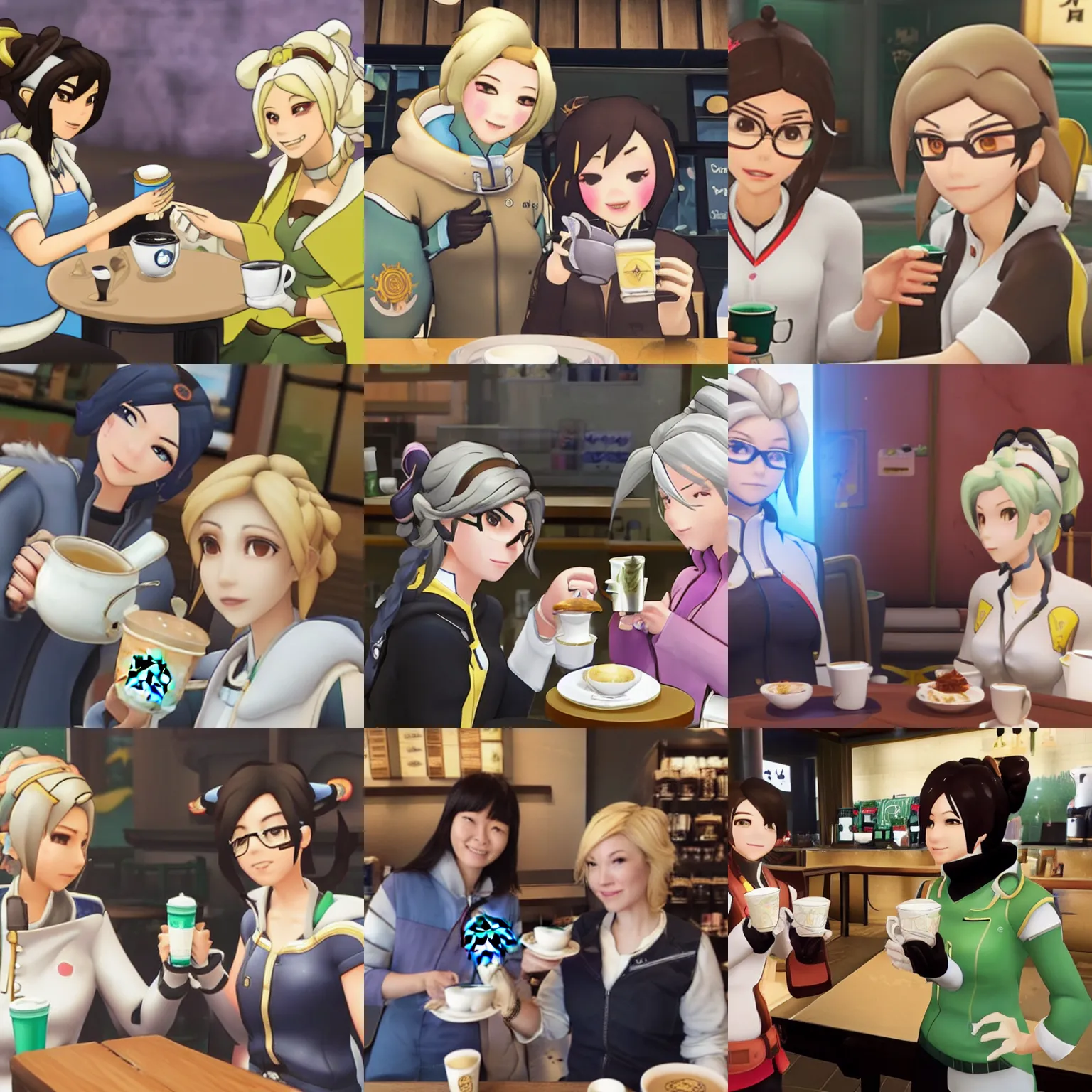 Prompt: mei and mercy from overwatch having tea at starbucks