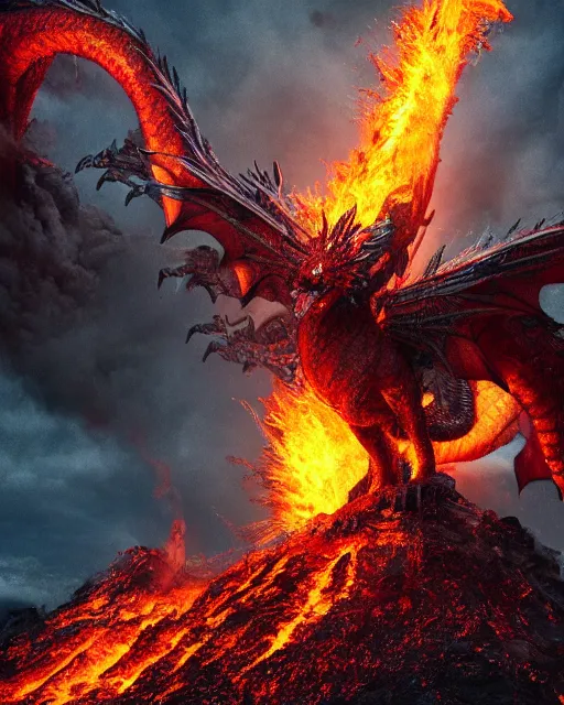 Image similar to giant fire dragon standing on a volcano, highly detailed, 4 k, hdr, award - winning, directed by zack snyder, trending on art station, matte, donato,