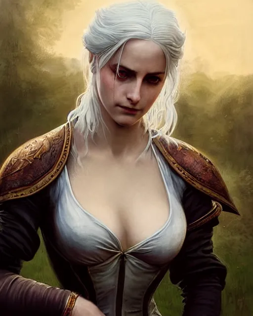 Image similar to Pre-Raphaelite Ciri from Witcher 3 by Artgerm and Greg Rutkowski, wearing haute couture by schiaparelli, sharp focus, sun rays, intricate, elegant, highly detailed, digital painting, masterpiece.