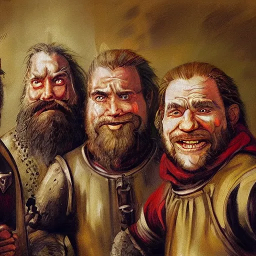 Prompt: Realistic, portrait, three Dwarf Brothers, jolly, dungeons and Dragons, medieval painting