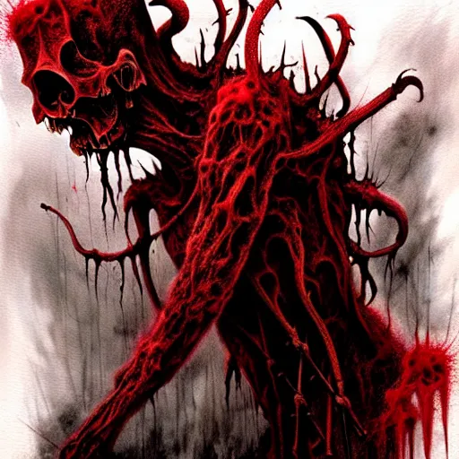 Image similar to disturbing grunge image of a demon infested fungus, 2 meters tall. horror airbrush art, by greg rutkowski, by greg tocchini, by tom bagshawred, colored ink on wet sketchbook paper, white, red, black, crimson and grey color scheme