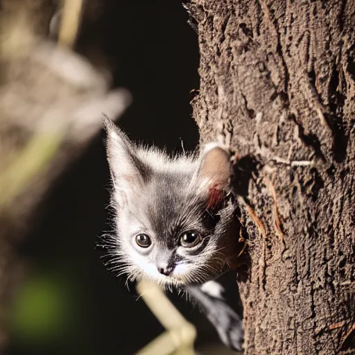 Image similar to a bat kitten, in a tree, Canon EOS R3, telephoto, very detailed, 4k