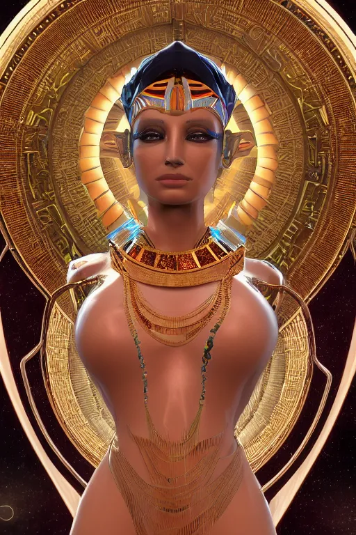 Image similar to a photo of a beautiful egyptian ancient alien woman goddess in jewelery and fractals art nuvo alphonse mucha trending on artstation made in unreal engine 4 octane render in 8 k