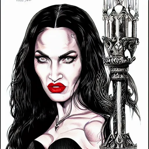 Prompt: impossibly detailed & intricate illustration portrait of megan fox as morticia addams as the vampire queen, colored, by josh kirby, super refined, 8 k, detailed line work