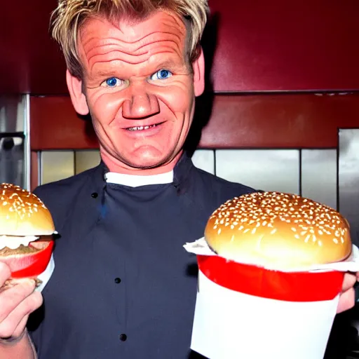 Image similar to Gordon Ramsay as a Burger king worker