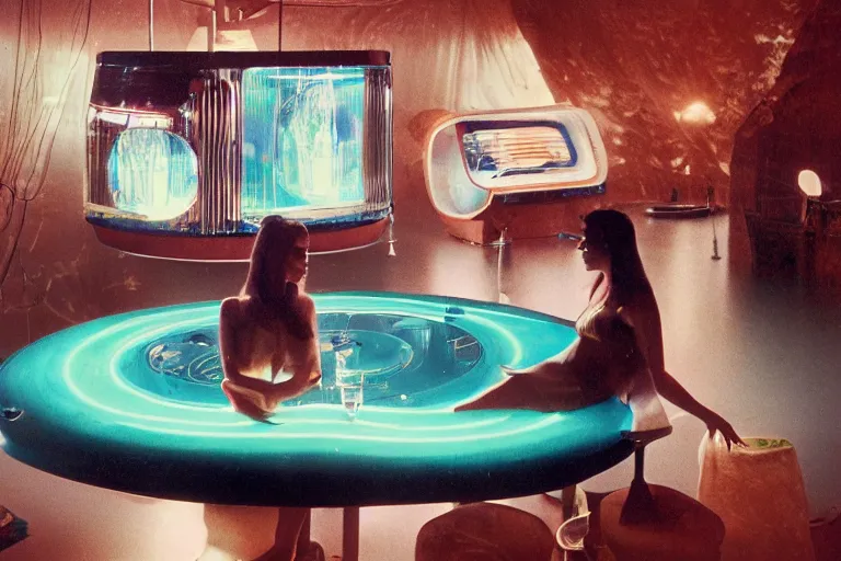 Image similar to high-angle view of a Italian vivacious female shrimp human hybrids wearing vacuum tube amp discowear with transparent digital number readout floating in front of face, sitting inside of a flooded 1970s luxury bungalow cabin with infinity mirror table, submersible vessel seamlessly clipping through wall, suspended soviet computer console on ceiling, ektachrome color photograph, volumetric lighting, off-camera flash, 24mm f8 aperture