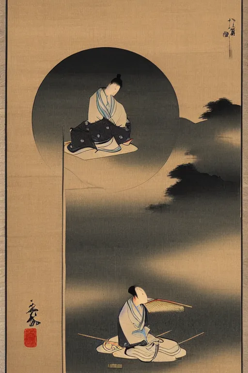 Prompt: a man gazing into the moon seeing far into the future, edo period, traditional japanese art style, reflection