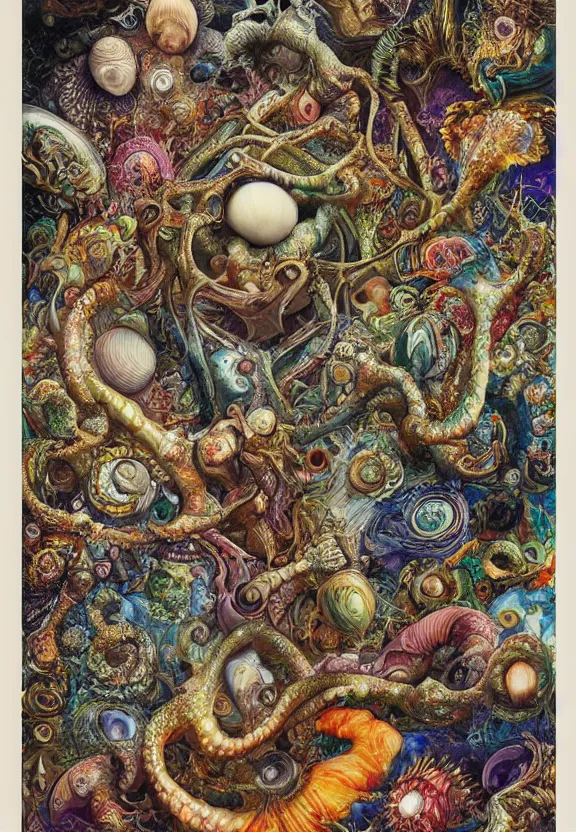 Prompt: simplicity, colorful muscular eldritch bodies and shells radiating town fractal, mandala white bones, colorful gems, brush pen, by h. r. giger and esao andrews and maria sibylla merian eugene delacroix, gustave dore, thomas moran, pop art, chiaroscuro, biopunk, art nouveau