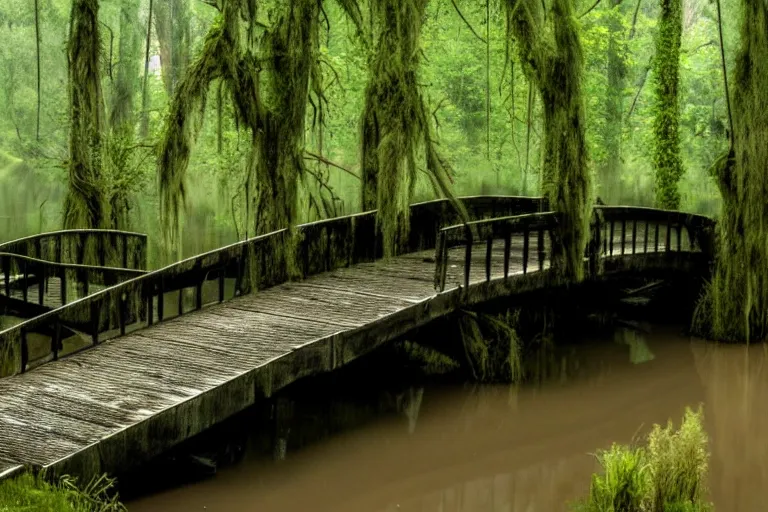 Prompt: a cursed bridge through an evil swamp