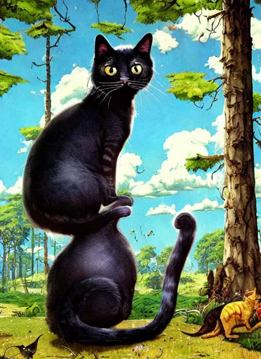 Image similar to a hyper realistic ink cat and the meaning of life and sunbeams blue sky, lush forest comic painting by chiara bautista and norman rockwell and greg rutkowski weta studio, and lucasfilm