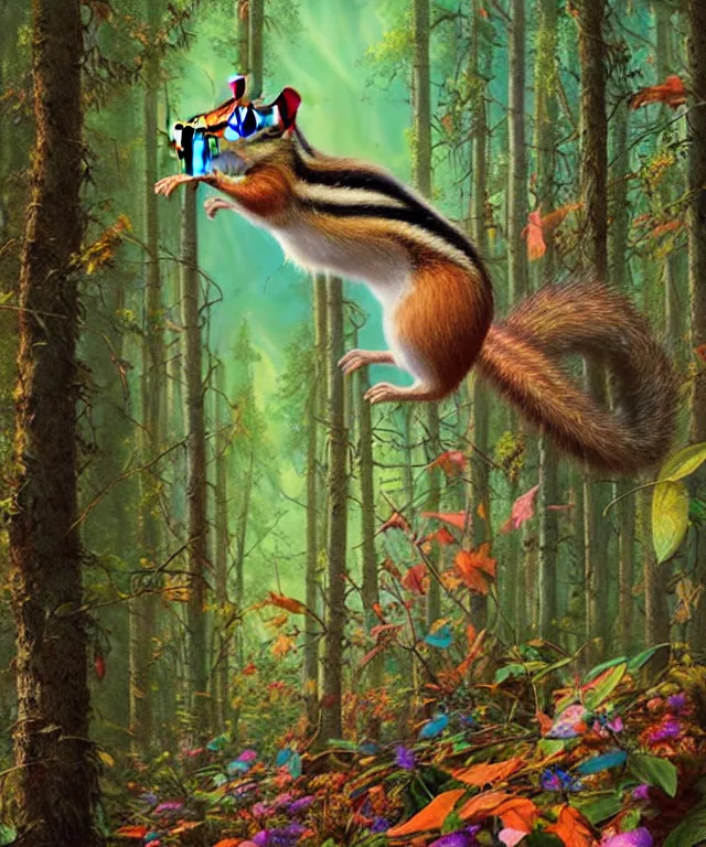 Prompt: a single realistic chipmunk, flying in a psychedelic forest, wide angle landscape shot, pixar style by tristan eaton, artgerm and tom bagshaw