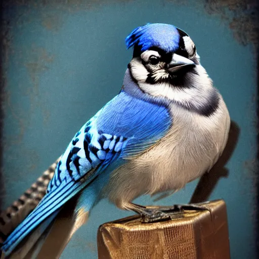Prompt: a blue jay in the style of steam punk, realistic photo.