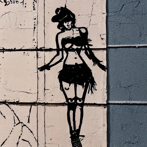 Prompt: rough rugged stencil graffiti of a seductive pinup girl on a black wall