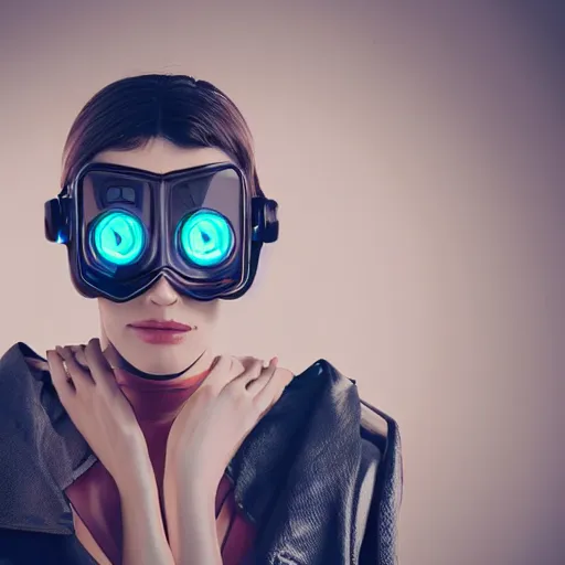 Image similar to a cyberpunk woman wearing a TV as a mask