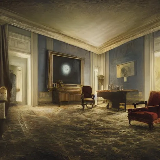 Prompt: presidential suite, jpeg artefacts on canvas, by seb mckinnon and james gurney and greg rutkowski, highly detailed, hdr