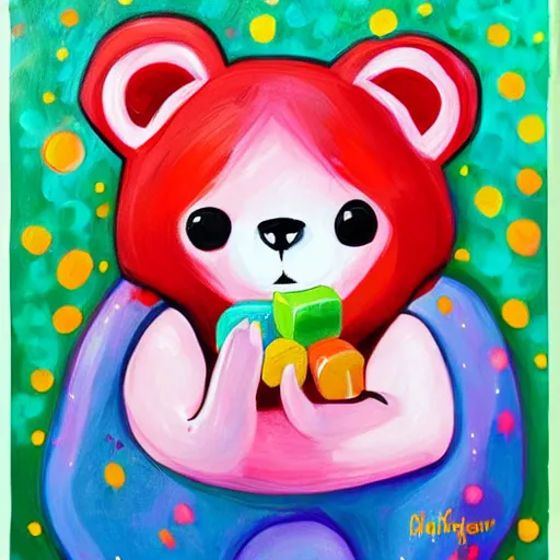 Image similar to a jeremiah ketner acrylic impasto!! illustration of an adorable and cute bear eating candy