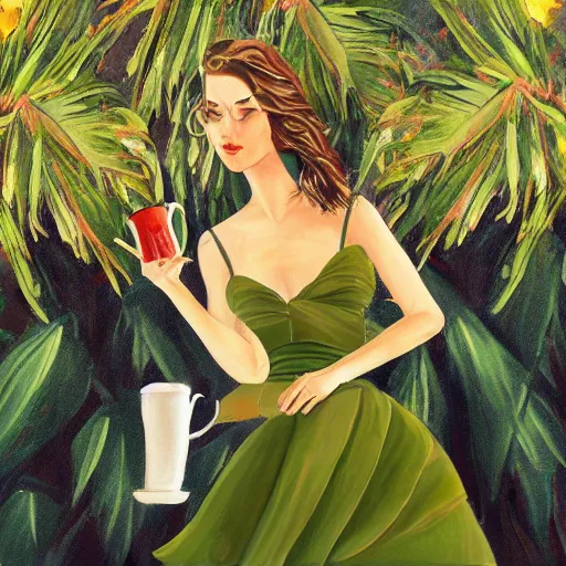 Prompt: epic painting of beautiful female in olive dress holding cup of tea in the middle of date trees and palms with team leaves flying around her in the wind, beautiful female face