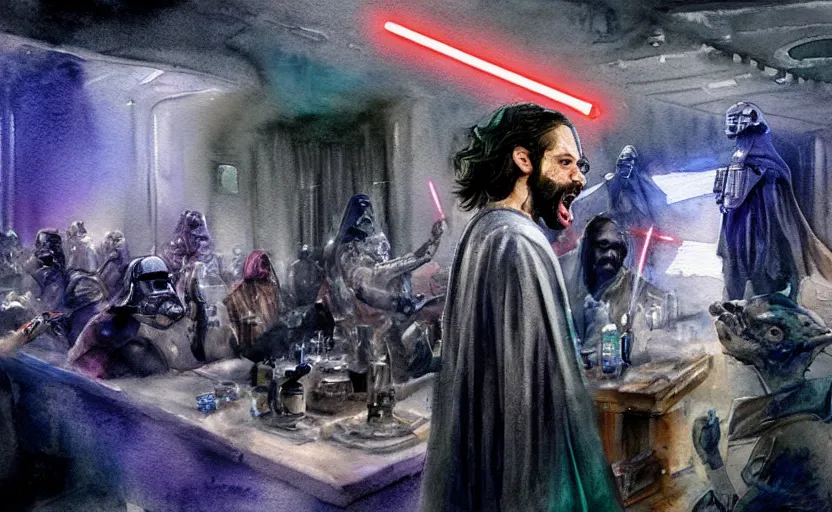 Image similar to an accurate realistic star wars watercolor fantasy concept art of a drug dealer that looks like chris d'elia screaming in a sleazy futuristic bar of coruscant, hq, 4 k