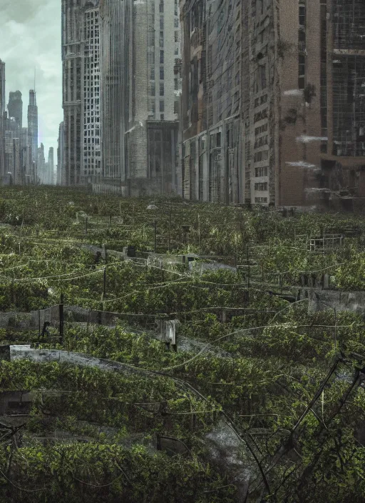 Image similar to a post - apocalyptic chicago, collasped buildings, a dark forest, vines and moss growing over buildings, abandoned aparment buildings, grunge, hyper real, cinematic photo, octane render, insanely detailed, 8 k