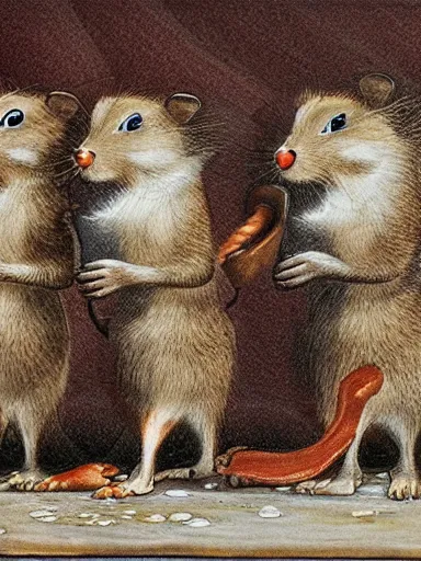 Prompt: 3 blind mice eating chicken, high detail, character, 3D, dark dull colors, photo realistic,