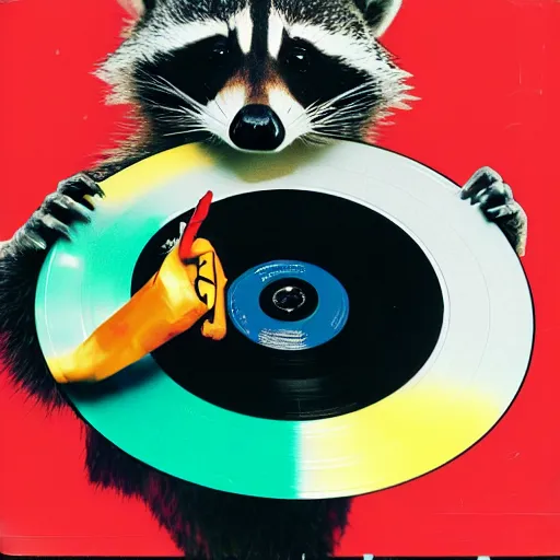 Prompt: medium - shot, low - angle, photo of a anthropomorphic raccoon wearing a bright hoodie, holding a vinyl record, 8 0 - s fashion, colored, polaroid photo, by warhol,