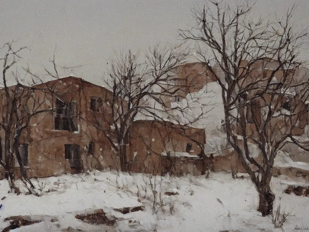 Image similar to Old deserted house filled with snow. Painting by Antonio Lopez Garcia