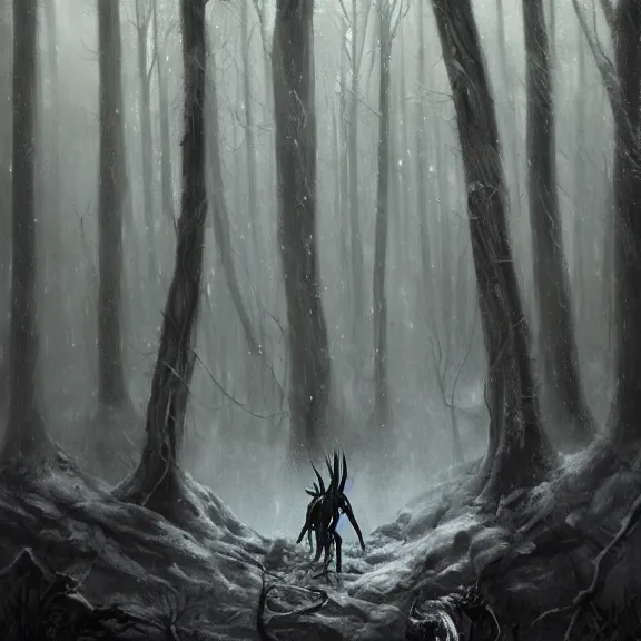 Image similar to cloaked humanoid wendigo feasting, nighttime located in a snowy dark forest, lurking horror, distant shot, dungeons and dragons, magic the gathering, forboding, high detail, oil painting, style of seb mckinnon