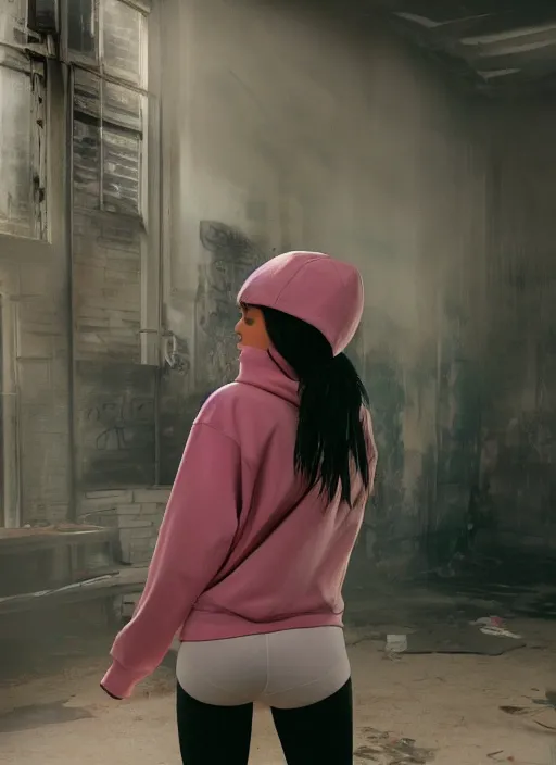 Image similar to kylie jenner doing graffiti in a derelict room, dust mist, rear-shot, pov from behind, tight white leggings with a pink hoody with hood up, mold, greenery, intricate, epic lighting, cinematic composition, hyper realistic, 8k resolution, unreal engine 5