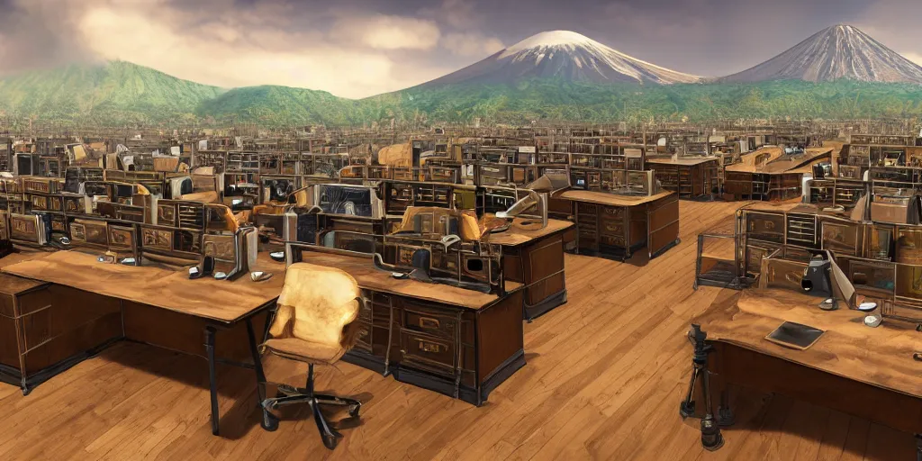 Prompt: an steampunk office with multiple desks, windows of a volcano in the background hyper - realistic digital art