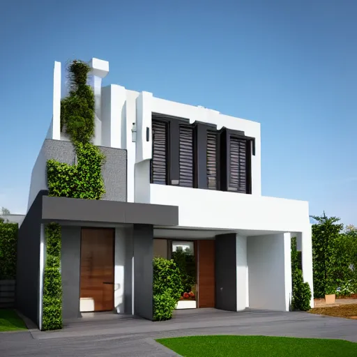 Image similar to render of a beautiful modern home designed for cozy aesthetics!, energy efficiency and maximizing plants and greenery, cg render, sunny sky light, high resolution, professional