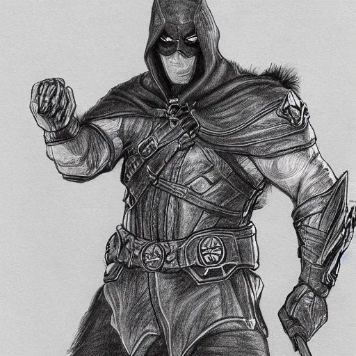 Prompt: a highly detailed drawing of a man wearing a epic shadow hero costume