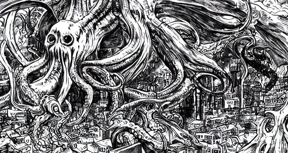 Image similar to cthulhu attacking a detailed cityscape, horror, lovecraftian, in the style of junji ito, lineart, manga, shirow masamune
