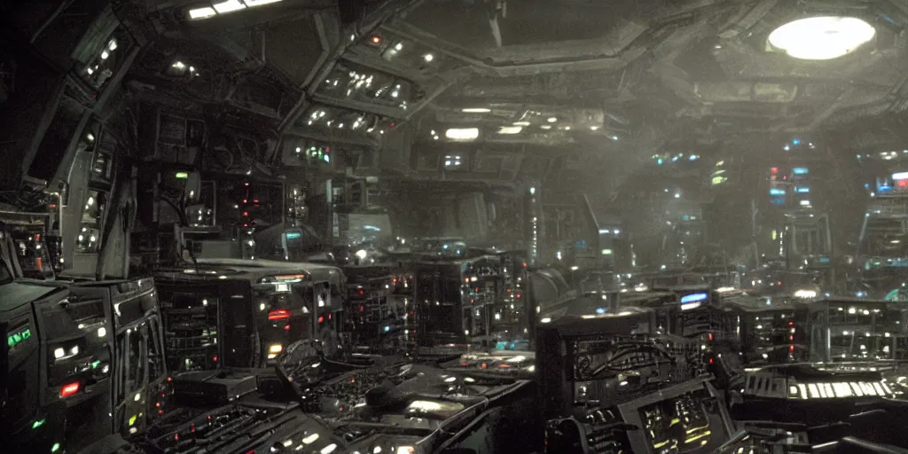 Image similar to a CLOSE UP shot of A command deck computers of Nostromo Aliens ship by Ridley Scott, Aliens movie, grainy, moody, dark, bleak