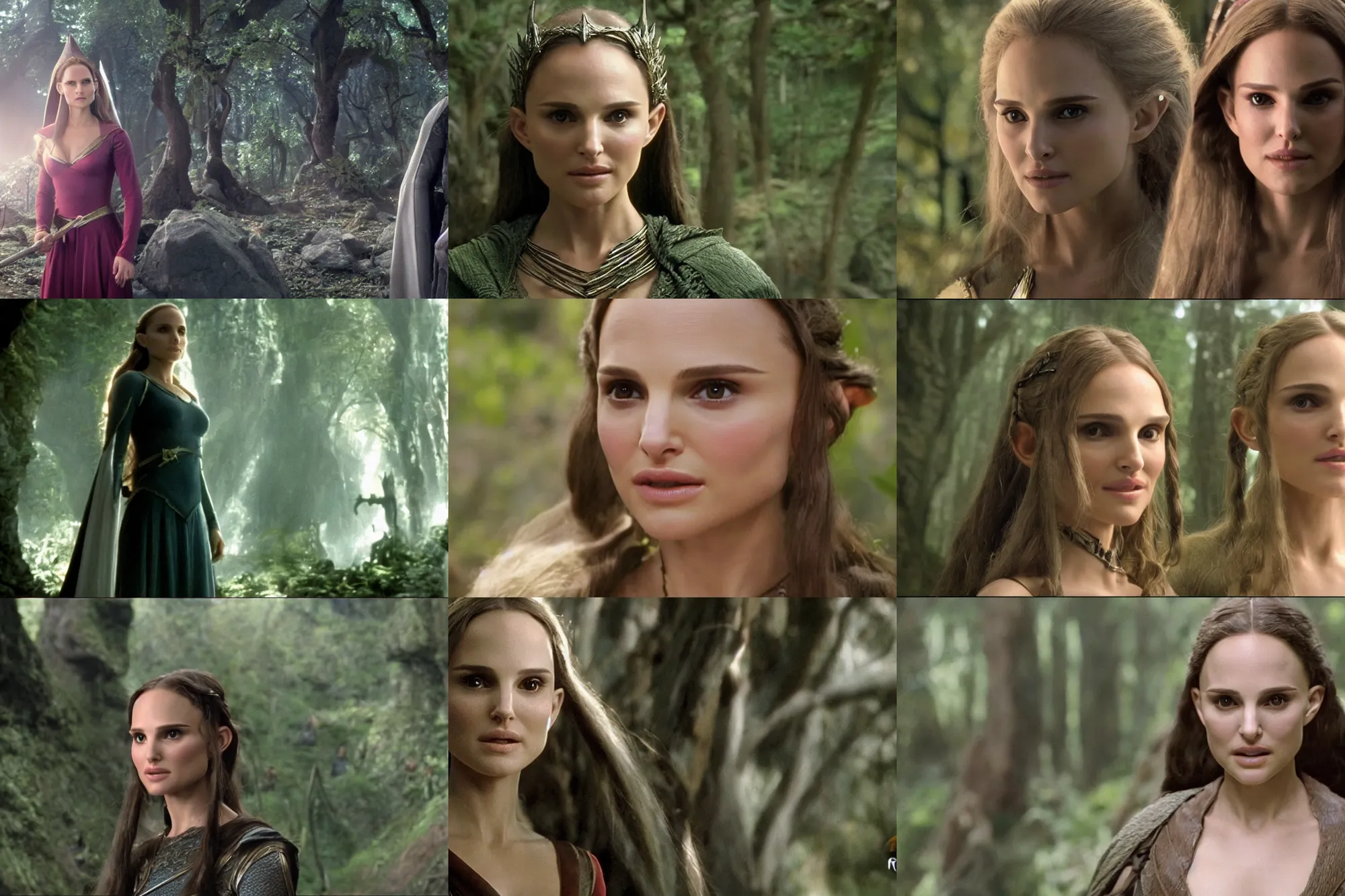 Prompt: 8K video of elf Natalie Portman (young and with long pointed ears) in the The Avengers: Lord of the Rings, scene where she is in Rivendell, photorealistic, soft light, cinematic lighting, sharp, camera