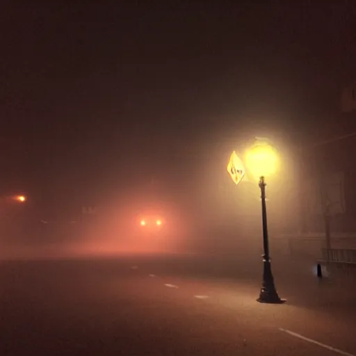 Image similar to ghost on a foggy night streer with neon streetlights like Silent Hill screenshot