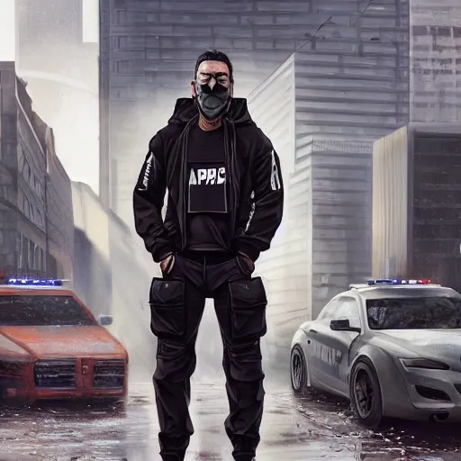 Prompt: A broad shouldered, muscular man wearing Acronym p-31 Ds pants and J1W-GTPL jacket and Nike Acronym presto sneakers, Police sirens shining in far background, trending on r/techwearclothing, high quality, digital art, dirty cyberpunk city, rain, greg rutkowski