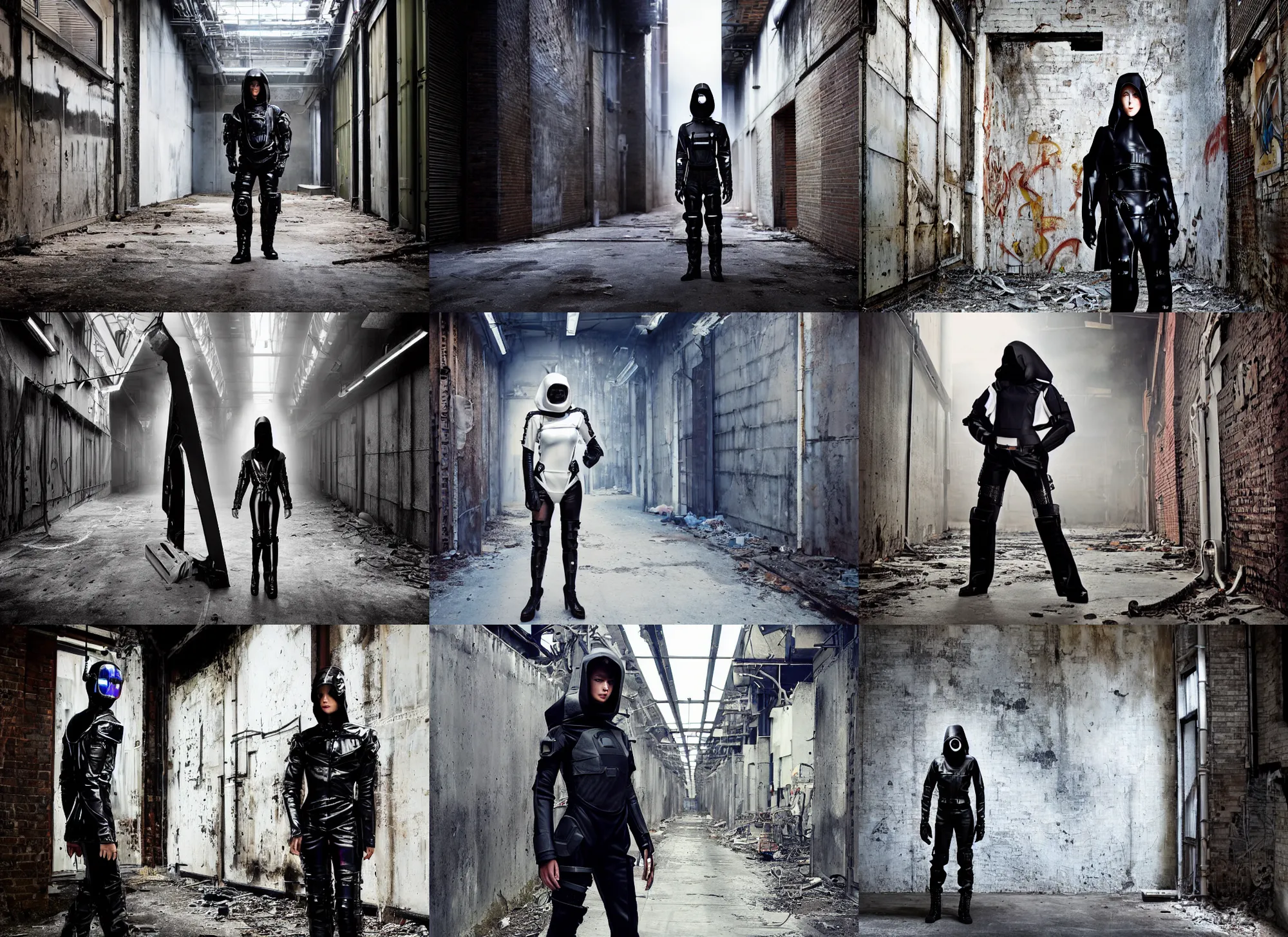 Prompt: beautiful fashion model with white sci - fi tactical gear, black leather garment, hologram sci - fi hood, full shot fashion photography, alleyway, abandoned factory, battle ready, by irving penn and storm thorgerson, ren heng, peter elson