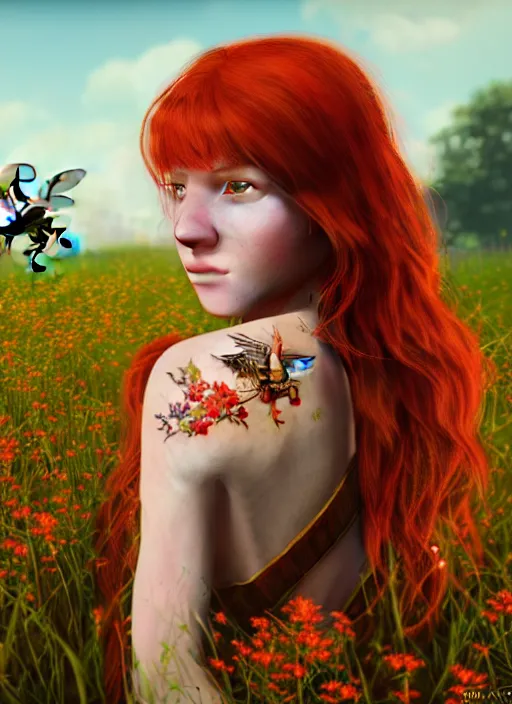 Image similar to An epic fantasy comic book style portrait painting of a young red headed girl with a small golden bee tattoo on her shoulder in a field of flowers , unreal 5, DAZ, hyperrealistic, octane render, cosplay, RPG portrait, dynamic lighting