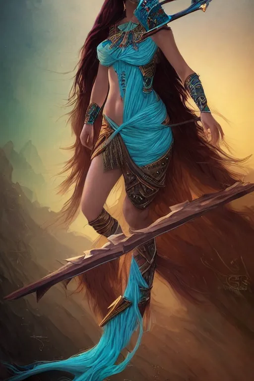 Image similar to beautiful sorceress female with teal skin, full body shot, long hair made of algae, egyptian clothing, with a wooden stuff and a crossbow, d & d, fantasy, intricate, elegant, highly detailed, digital painting, artstation, concept art, matte, sharp focus, illustration, hearthstone, art by artgerm and greg rutkowski and alphonse mucha