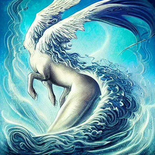 Image similar to a beautiful, celestial, oceanic drakopegasus rising from the sea, fantasy art,