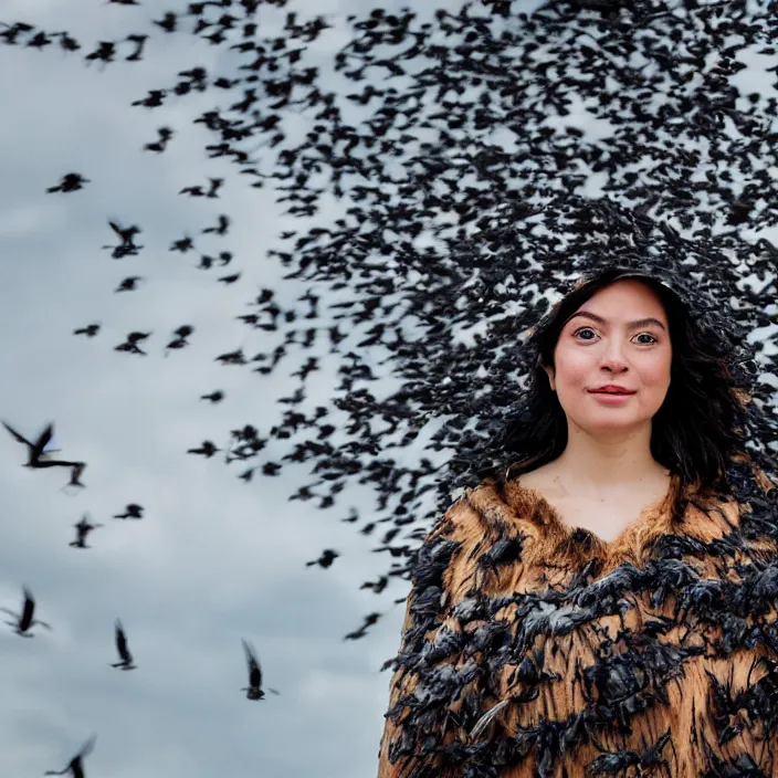 Image similar to a closeup portrait of a woman wearing a cloak made of birds, in an abandoned theme park, by omar z. robles, canon eos c 3 0 0, ƒ 1. 8, 3 5 mm, 8 k, medium - format print