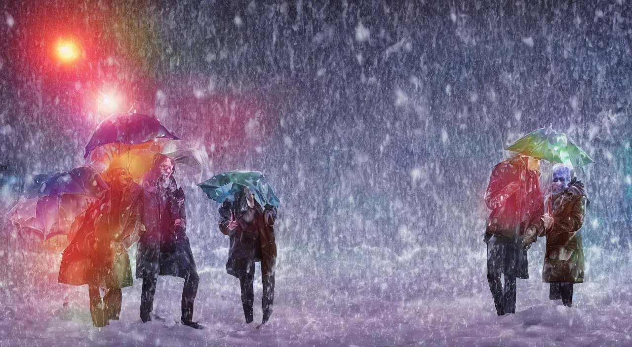 Prompt: multicolor 3 d render of two people hides in snow and rain, falling lights, rendered in maya in high resolution