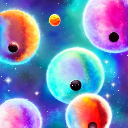 Image similar to cute happy fluffy aliens with gradient fur on space background with ringed planets detailed painting 4k