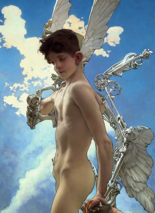 Prompt: digital character concept art by maxfield parrish and artgerm and greg rutkowski and alphonse mucha. portrait of a young 1 3 year old boy, a young god, icarus with mechanical bird wings, beautiful, holding a staff, detailed, poster art, light effect, glowing, hyper detail, intricate, elegant, digital painting, artstation, smooth, sharp focus