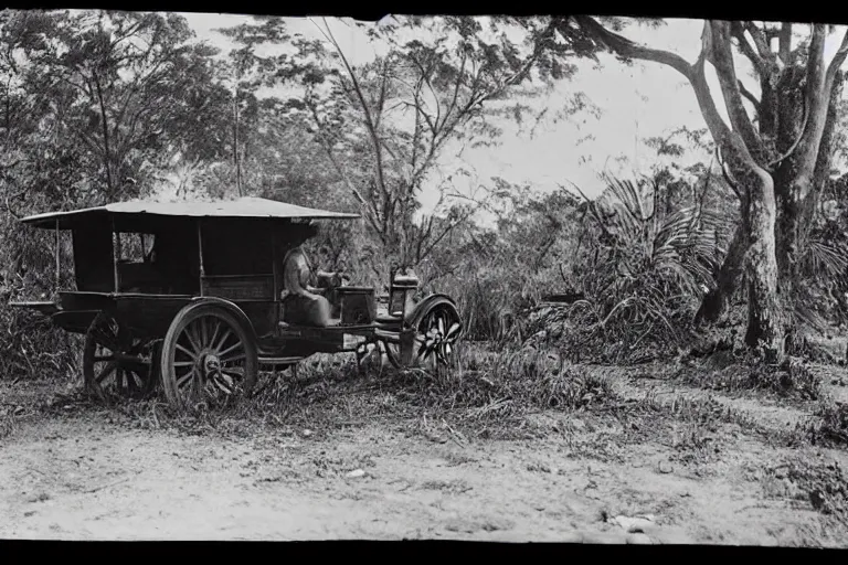 Image similar to a 1905 colonial closeup photograph of a cadillac in a village at the river bank of Congo , Thick jungle, scary, evil looking, wide angle shot