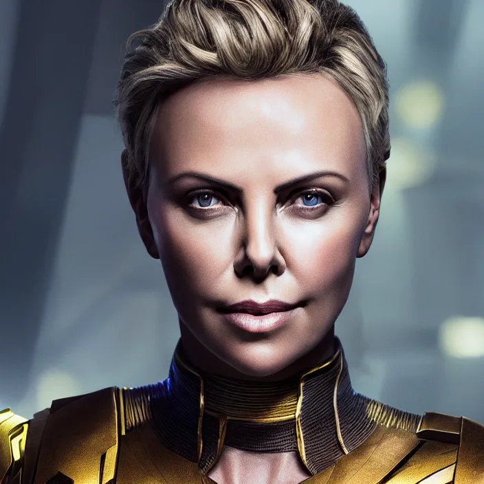 Image similar to portrait of (Charlize Theron), wearing The Infinity Gauntlet. intricate artwork. octane render, trending on artstation, very coherent symmetrical artwork. avengers. thanos. cinematic, hyper realism, high detail, octane render, 8k, iridescent accents