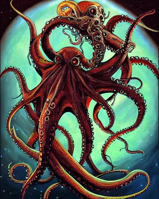 Image similar to a painting of an octopus attacking a giant squid, a fine art painting by gary freeman and by tim white and by philippe druillet, artstation, fantasy art, lovecraftian, bioluminescence, cosmic horror