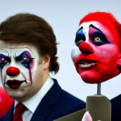 Image similar to president with clown makeup in a podium next to an angry first minister