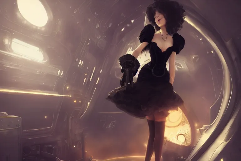 Prompt: a woman in a black dress and thigh highs in a steampunk spaceship, digital art, beautiful lighting, by wlop, by yoshitaka amano, octane render, composition, beautiful face, expressive oil painting, steampunk, 4 k