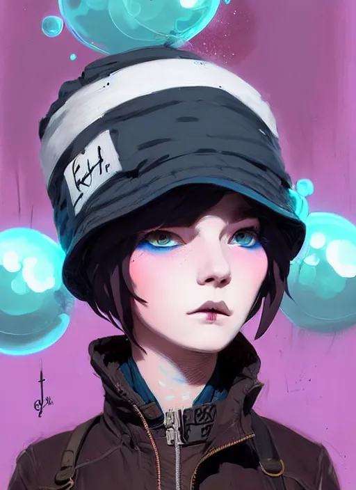 Image similar to highly detailed portrait of a sewer punk lady student, blue eyes, bubble jacket, hat, white hair by atey ghailan, by greg rutkowski, by greg tocchini, by james gilleard, by joe fenton, by kaethe butcher, gradient pink, black, brown and light blue color scheme, grunge aesthetic!!! ( ( graffiti tag wall background ) )